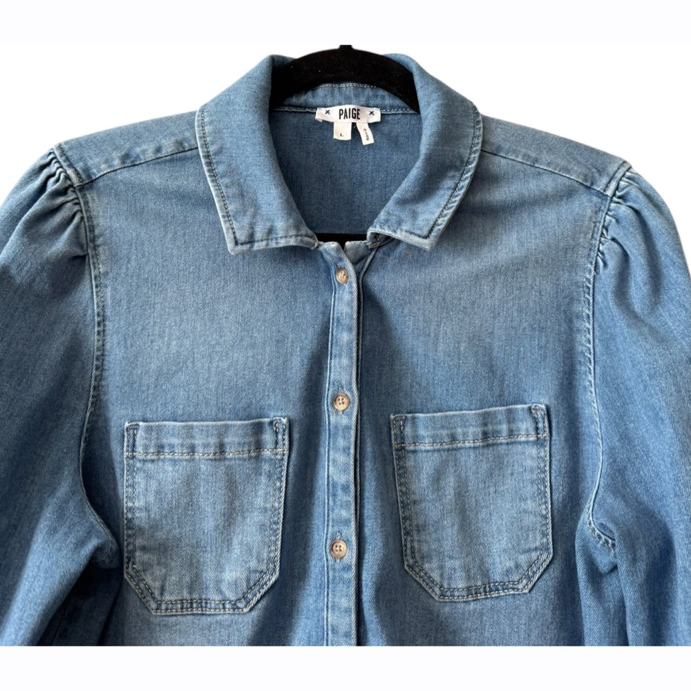 PAIGE Belize Denim Button Up Long Sleeve Shirt Womens Large Blue‎ Relaxed Fit - Picture 3 of 7